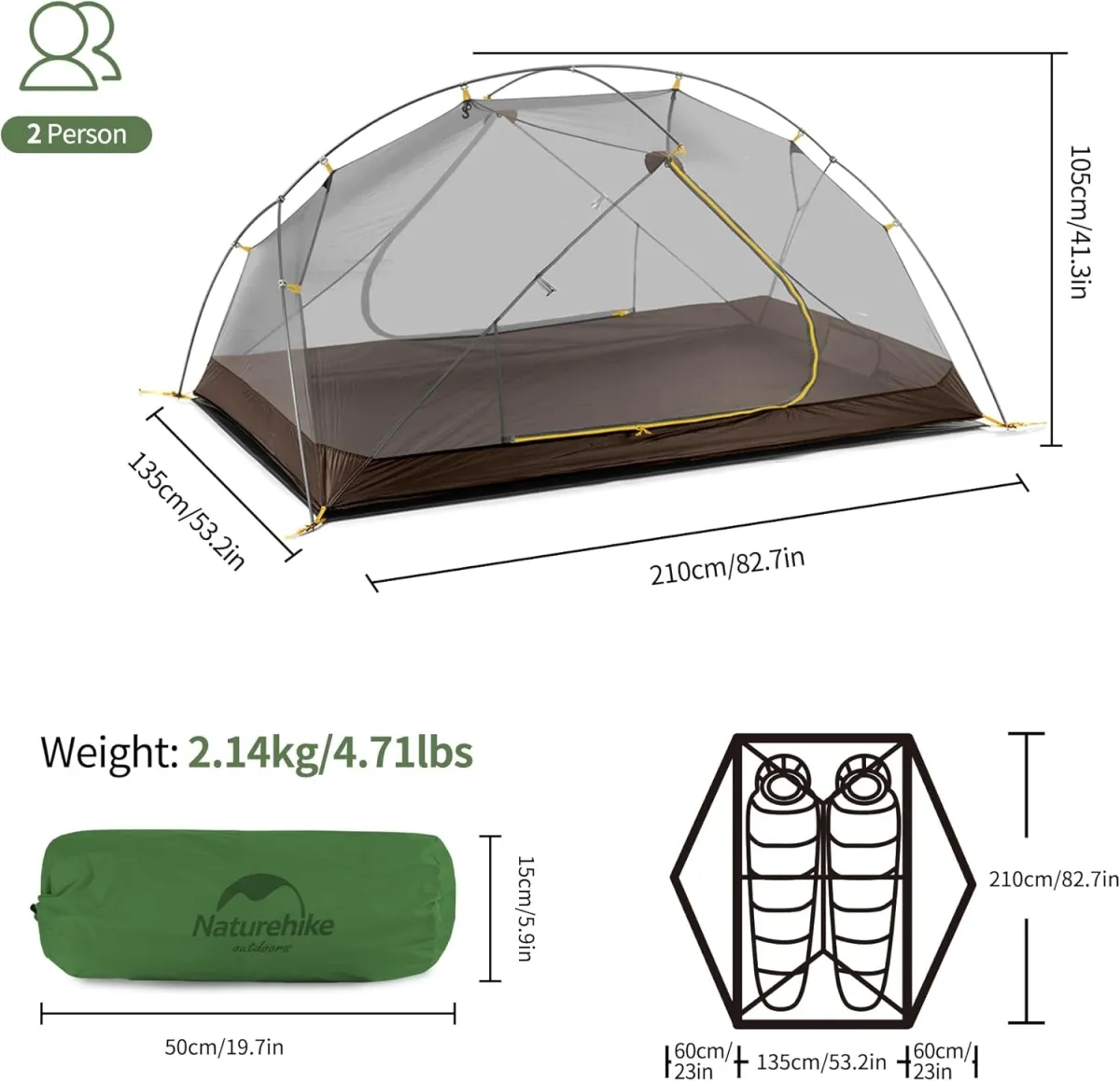 Naturehike Mongar 2 Personas - Carpa Ultraliviana 4 Estaciones